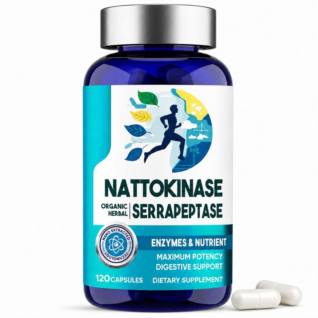 Nattokinase 12,000 FU & Serrapeptase 360,000 SPU Enzyme Complex Natto | Enteric Coated Systemic Enzymes, Improve Circulation, Gut, Digestion, Daily Wellness Support, 120 Capsules, 60 Day Supply