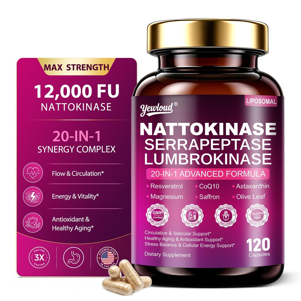 Nattokinase Supplement 12000FU Serrapeptase Lumbrokinase CoQ10,120 Capsules | Liposomal Nattokinase with Synergistic Enzymes & Nutrient Blend for Circulatory, Cardiovascular, Men & Women, Gluten Free