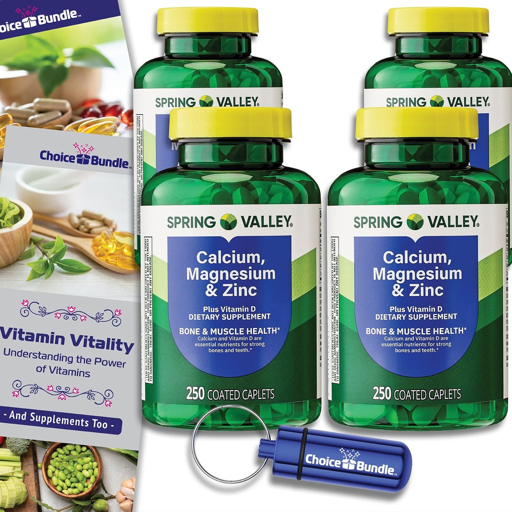 Spring Valley Calcium, Magnesium & Zinc Plus Vitamin D Coated Caplets 250 Ct 4 pk (1000 Total) + Vitamin Vitality & Pill Container (6 Items)!