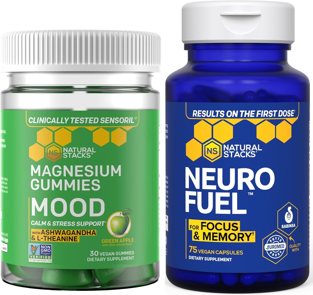 NATUURLIJKE STAKKEN Mood Magnesium Gummies + Neurofuel Nootropic Bundle - Ondersteunt Brain Health & Mood* - 105 stuks