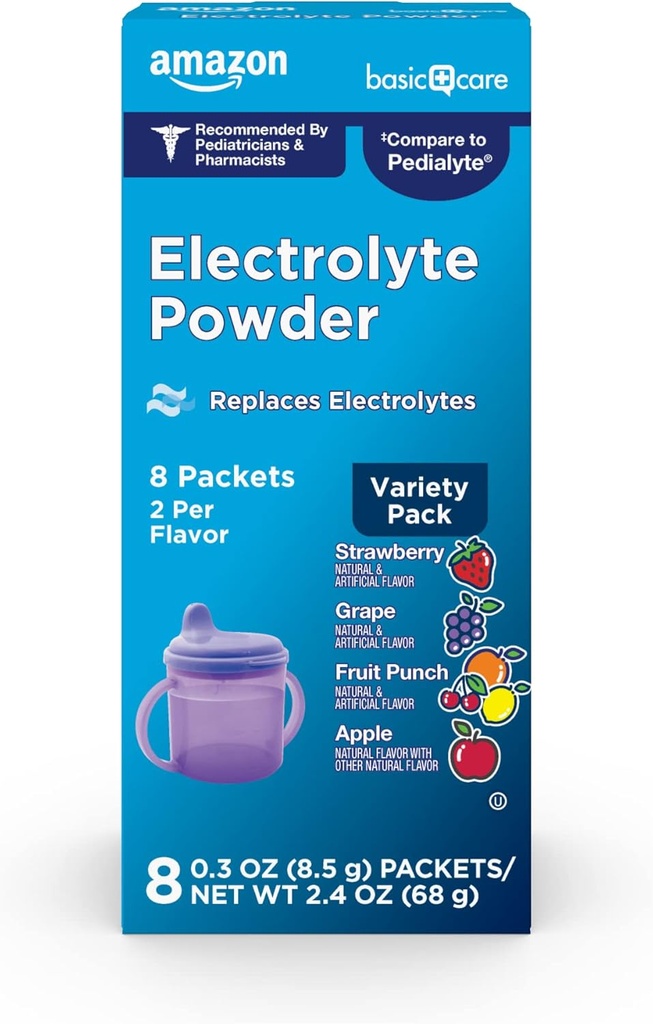 Basic Care Electrolyte Powder Variety Pack, Apple, Fruit Punch, Grape, Aardbei, 8 Tellen