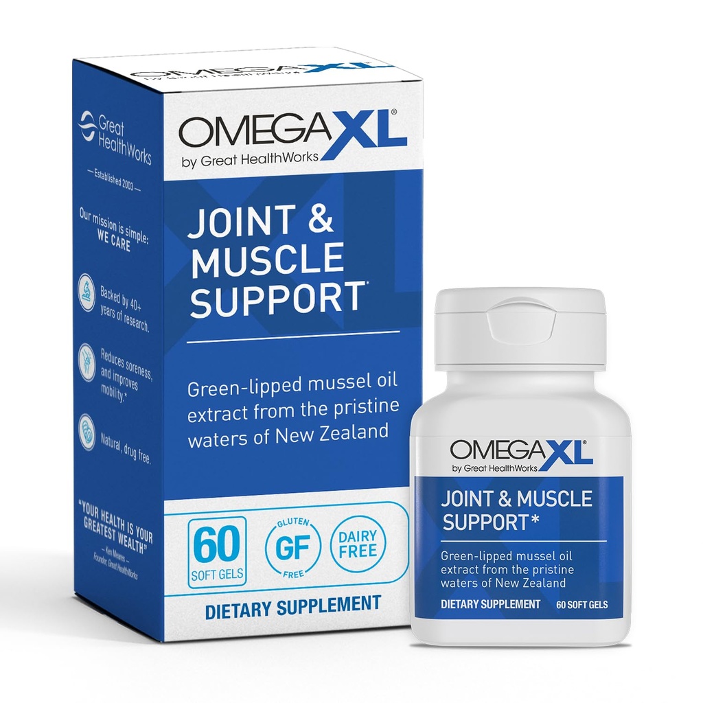 OmegaXL Joint Support Supplement, for Relief - Natural Muscle Support, Green Lipped Mussel Oil, Soft Gel Pillen, Drug-Free, 60 Tellen