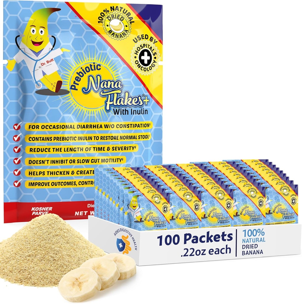 Prebiotic Nana Flakes 100% Pure Banana Flakes Medical Food Powder, Verminderen vetopname en Natuurlijke Remedie voor diarree en hartverbranding - Grote Bron van eiwit en vezels - Single Serve (100 Packets)