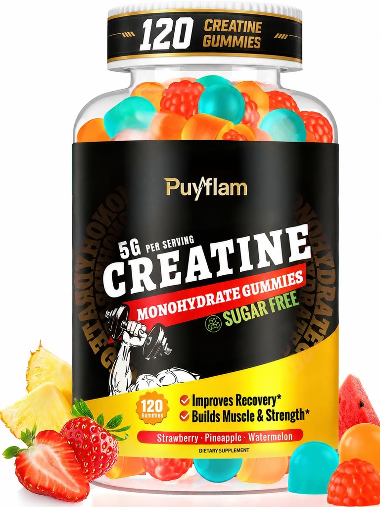 Sugar Free Creatine Monohydrate Gummies 5g for Men & Women –Daily Energy Gummies with L-Carnitine, Taurine, B12, Magnesium, Potassium for Strength, Endurance & Recovery | Vegan, Gluten-Free, 120 Count