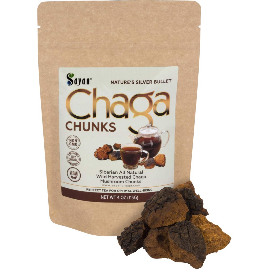 Sayan Pure Raw Chaga Mushroom Chunks met Black Top Crust 4 Oz / 113 g 