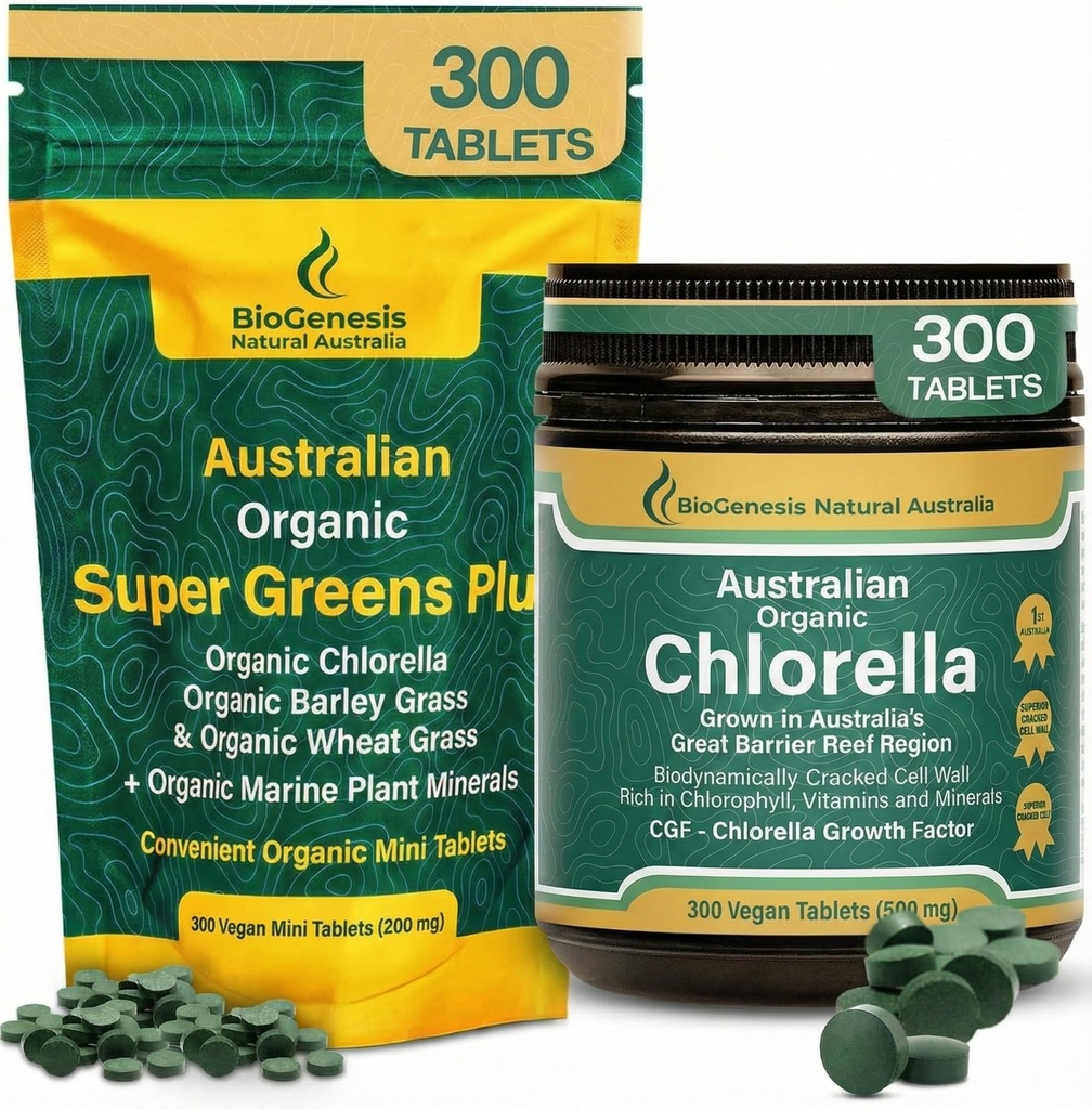 Biogenesis Twin-Action Greens Stack: Organic Chlorella (300 Ct) & SuperGreens Plus (300 Ct) – Australian Grown Green Superfoods – Vegan, Unflavored Tablets for Immunity & Daily Energy
