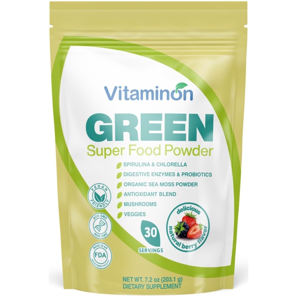 Green Super Food Powder, 7.2 oz, Natural Berry Flavor | Organic Sea Moss, Spirulina, Chlorella, Mushroom Blend, Antioxidant Mix, Digestive Enzymes & Probiotics, 30 Servings