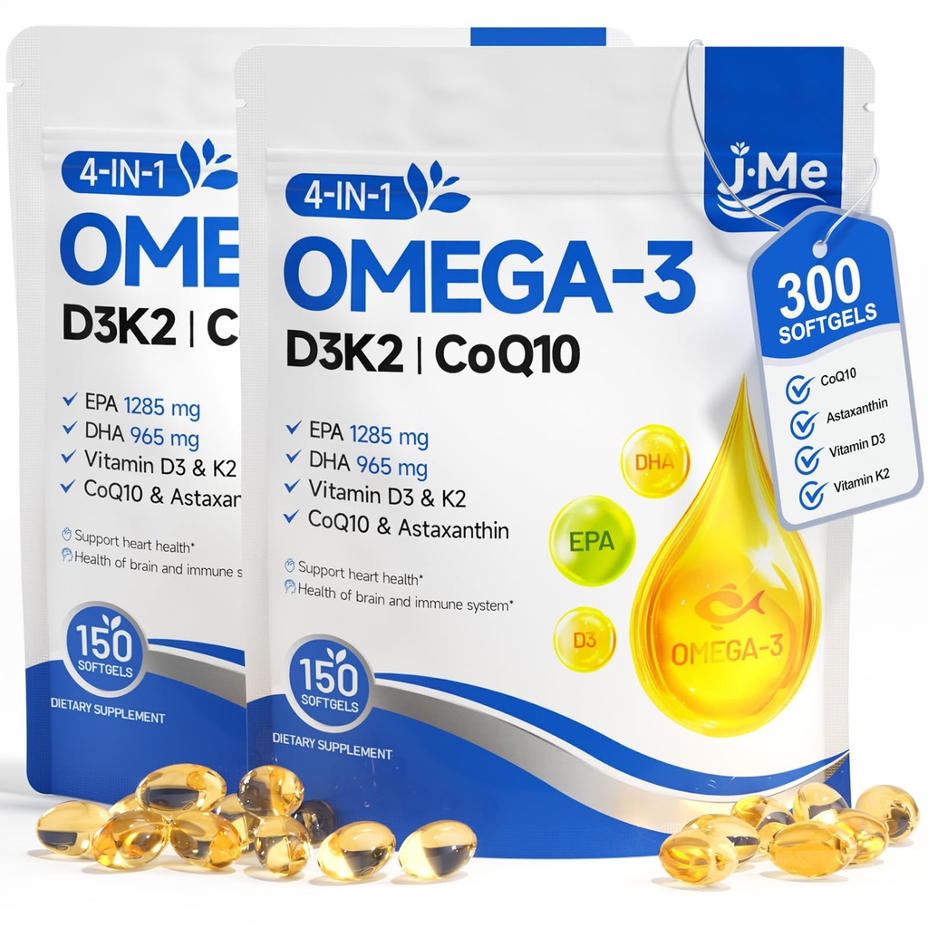 JME Omega 3 Fish Oil Supplement 2500mg - rTG EPA DHA + Vitamin D3 K2, CoQ10 & Astaxanthin - Lemon Flavored Burpless Softgels - Supports Heart, Brain & Joint Health - Total 300 Count