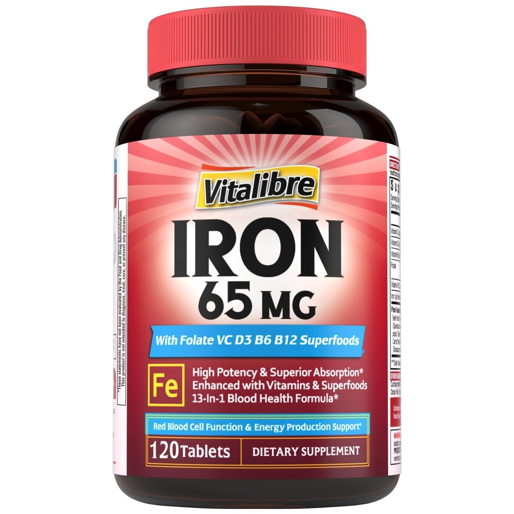 Vitalibre Iron Supplement for Women & Men, 65 mg, Ferrous Sulfate, Vitamin C, D3, B6, B12, Folate, Beet Root, Spinach, Pumpkin Seeds, Nettle, for Red Blood Cell & Energy Production, 120 Tablets