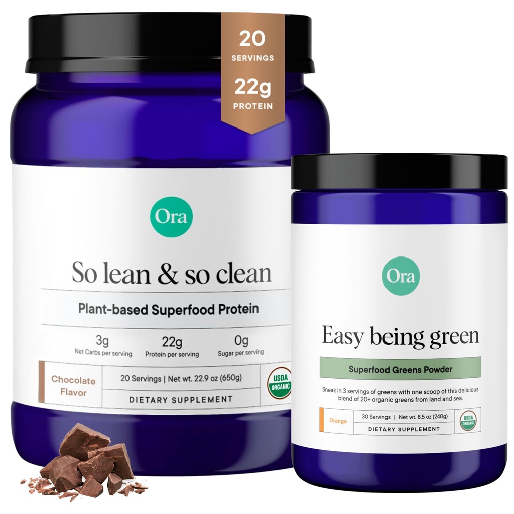Ora Organic Greens Powder & Vegan Protein Power Bundle: 20+ Superfood Greens Blend - Citrus Flavor, 30 Servings + 22g Plant Based Protein, Chocolate Flavor, 20 Servings