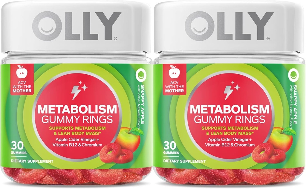 OLLY Metabolisme Gummy Rings, Apple Cider Vinegar, Vitamine B12, Chroom, Energie en Digestieve Gezondheid, Kauwbare Supplement, Apple Flavor, Twin Pack - 60 Tellen