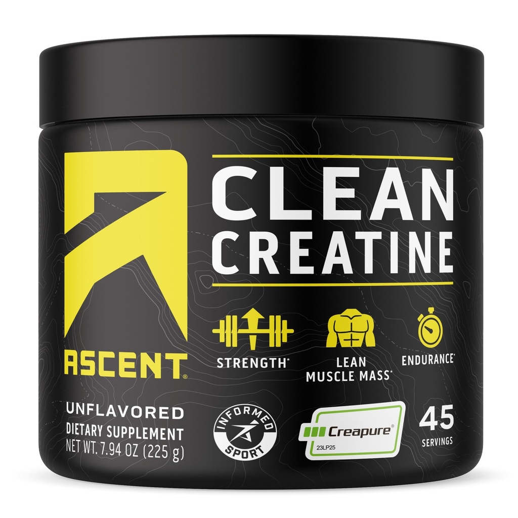 Ascent Clean Creatine Monohydraat poeder - 5G per portie, Creapure supplement - Unflavored, 45 Servers