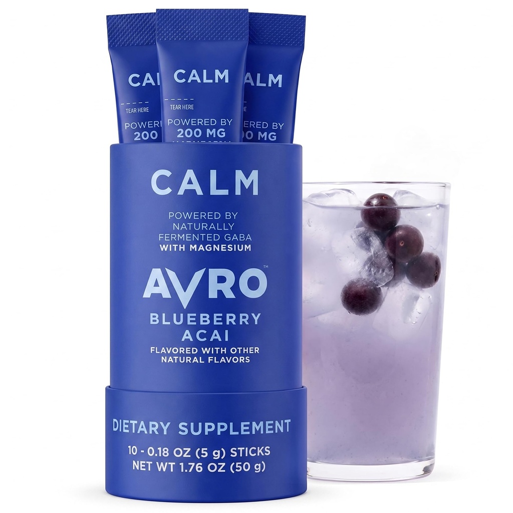 AVRO Calm Blueberry Acai Drink Mix with 200mg PharmaGABA, 10 Count | Stress & Relaxation Support, Zero Sugar, Vegan, Gluten Free, Dairy Free, Non-GMO, PharmaGABA + Magnesium Bisglycinate 100mg