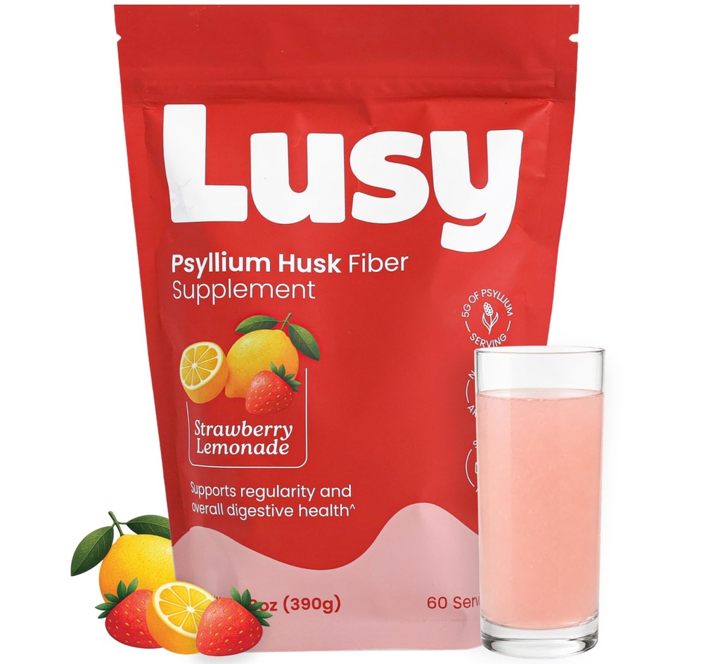 Lusy - Psyllium Husk Fiber Supplement - Strawberry Lemonade (13.8 oz) | Made with Organic Psyllium Husk Powder - Sugar Free