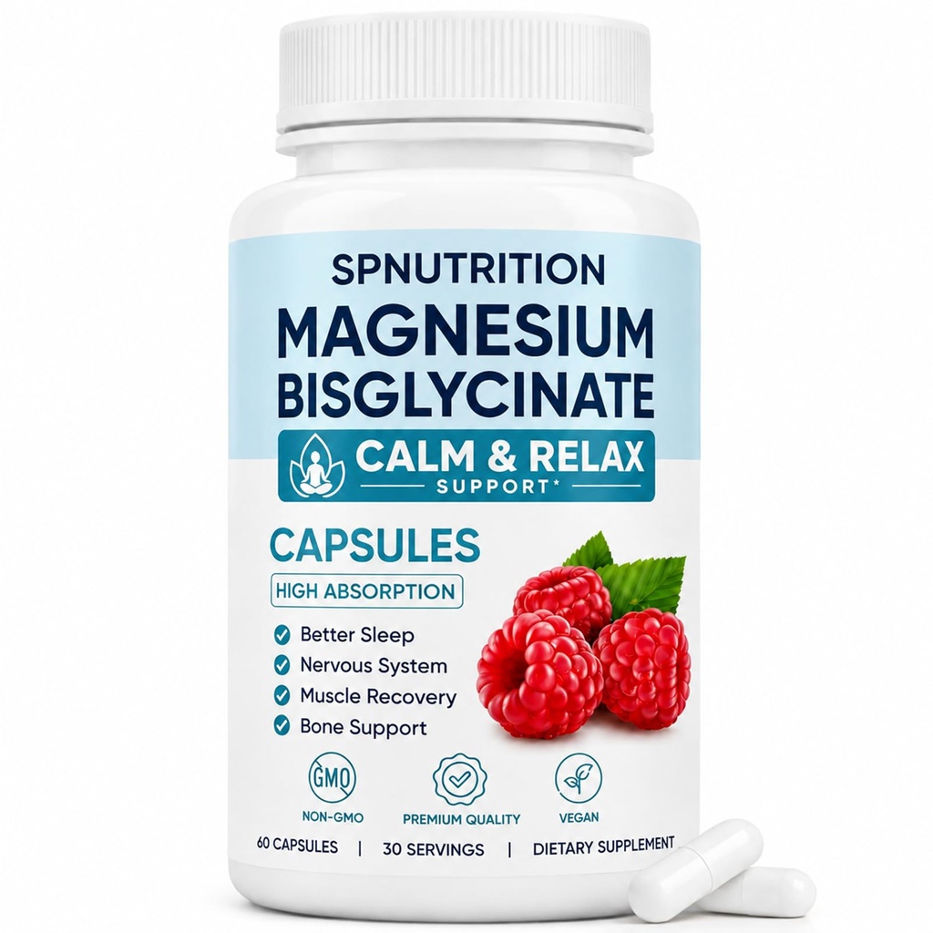 Spnutrition Magnesium Bisglycinate Capsules, 400mg Magnesium Chelate, Vegan Magnesium Supplement with Raspberry Powder, Sleep Support, Bone Health Support, 60 Capsules
