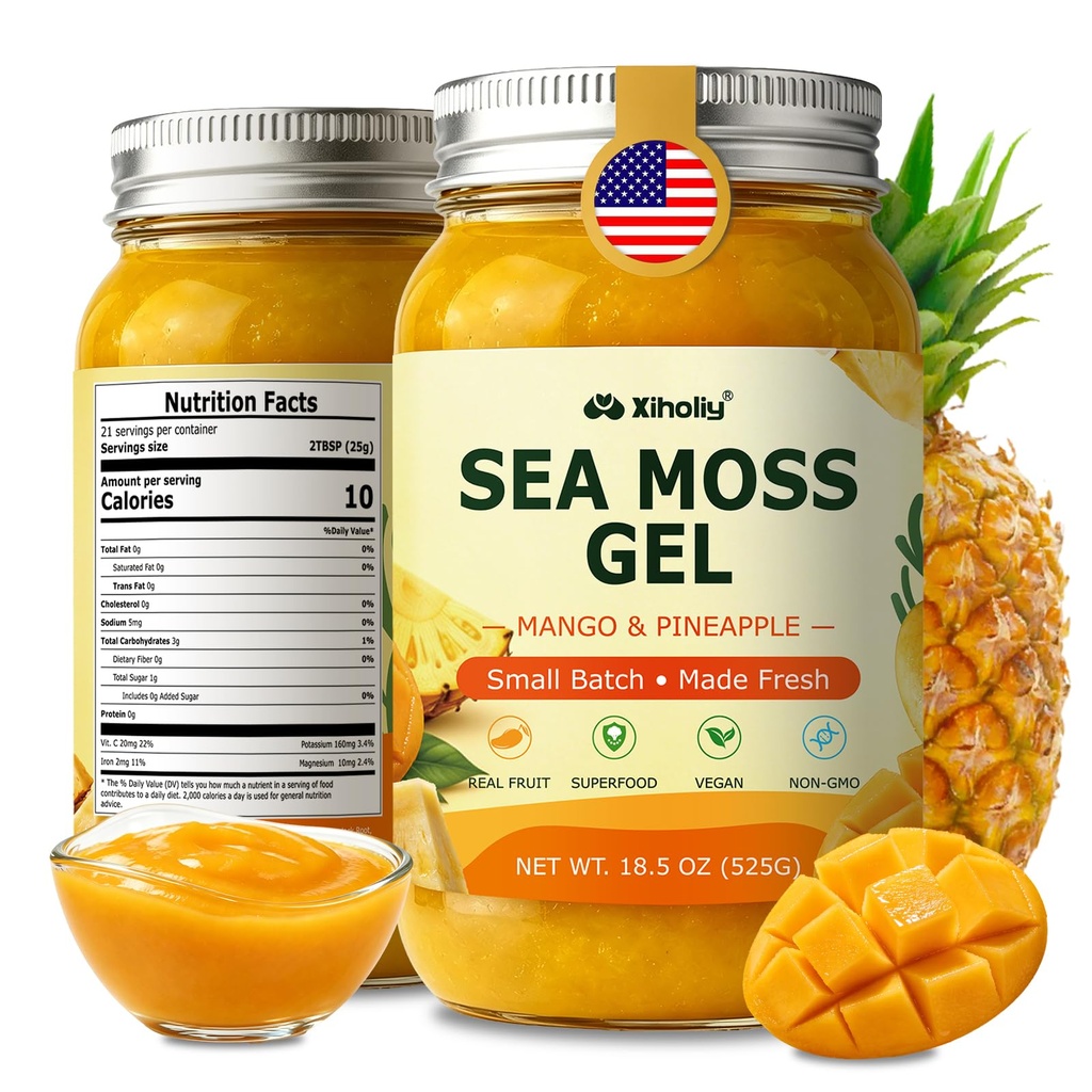 Sea Moss Gel Mango Pineapple - 18.5 oz Irish Seamoss Gel Vegan Superfood | Rich in Vitamins & Minerals, Raw Wildcrafted Seamoss for Immune & Digestion, Natural Fruits & Jarred Vegetables, Non-GMO