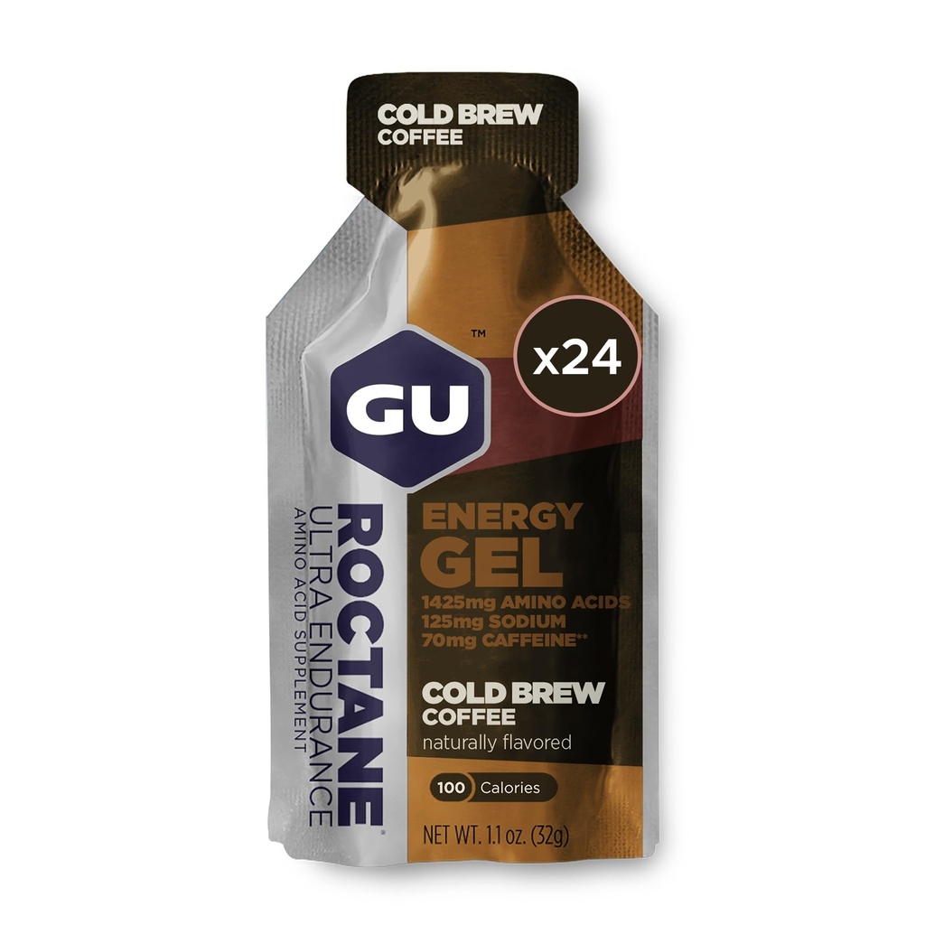 GU Energy Roctaan Ultra Endurance Energy Gel, Veganistisch, Glutenvrij, Kosher en Dairy-Free On-The-Go Sportvoeding voor hardlopen, fietsen, wandelen of skiën, Cold Brew 2X Cafeïne (24 Packets)