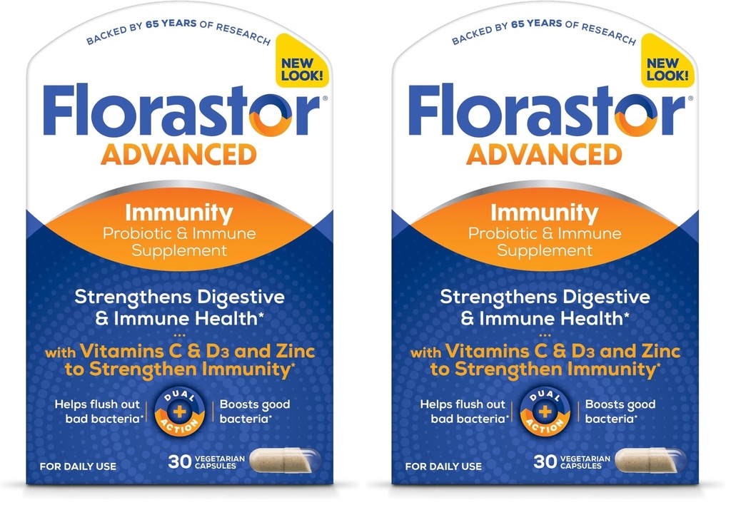 Florastor Advanced Immunity Boost Daily Probiotic & Immune Support Supplement for Women and Men, Saccharomyces Boulardii CNCM I-745 Plus Zinc, Vitamin C & D3 (30 Capsules) (Pack of 2)