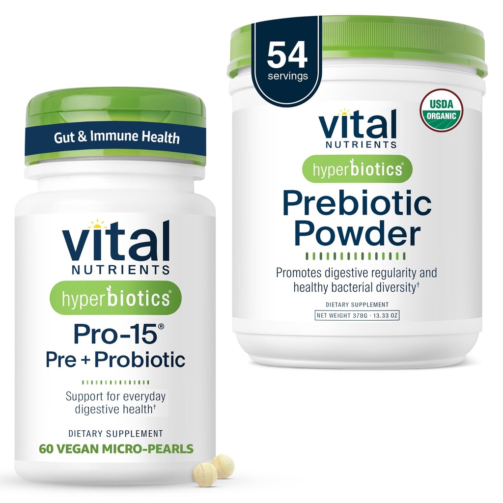 Hyperbiotics Vital Nutrients Gut Support Bundle – Pro-15 Prebiotics + Probiotics (60 Time Release Pearls) & Organic Prebiotic Fiber Powder (54 Servings) for Gut, Digestive, & Immune Health Support