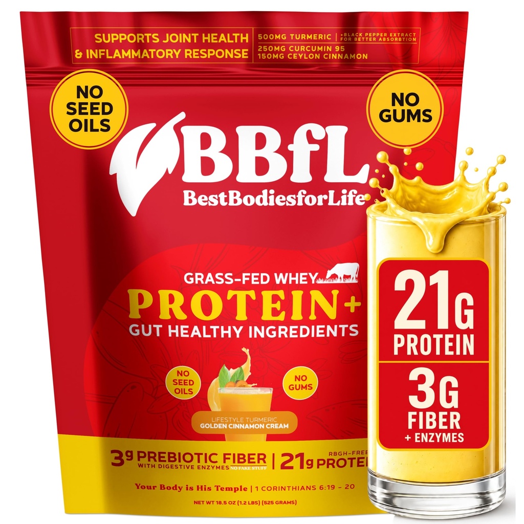 BBfL Grass-Fed Whey Protein Shake, 15 Servings, Turmeric Cream | 21g rBGH-Free Protein, Turmeric + Curcumin 95% + Ceylon Cinnamon, Apple Cider Vinegar, Prebiotics, Digestive Enzymes
