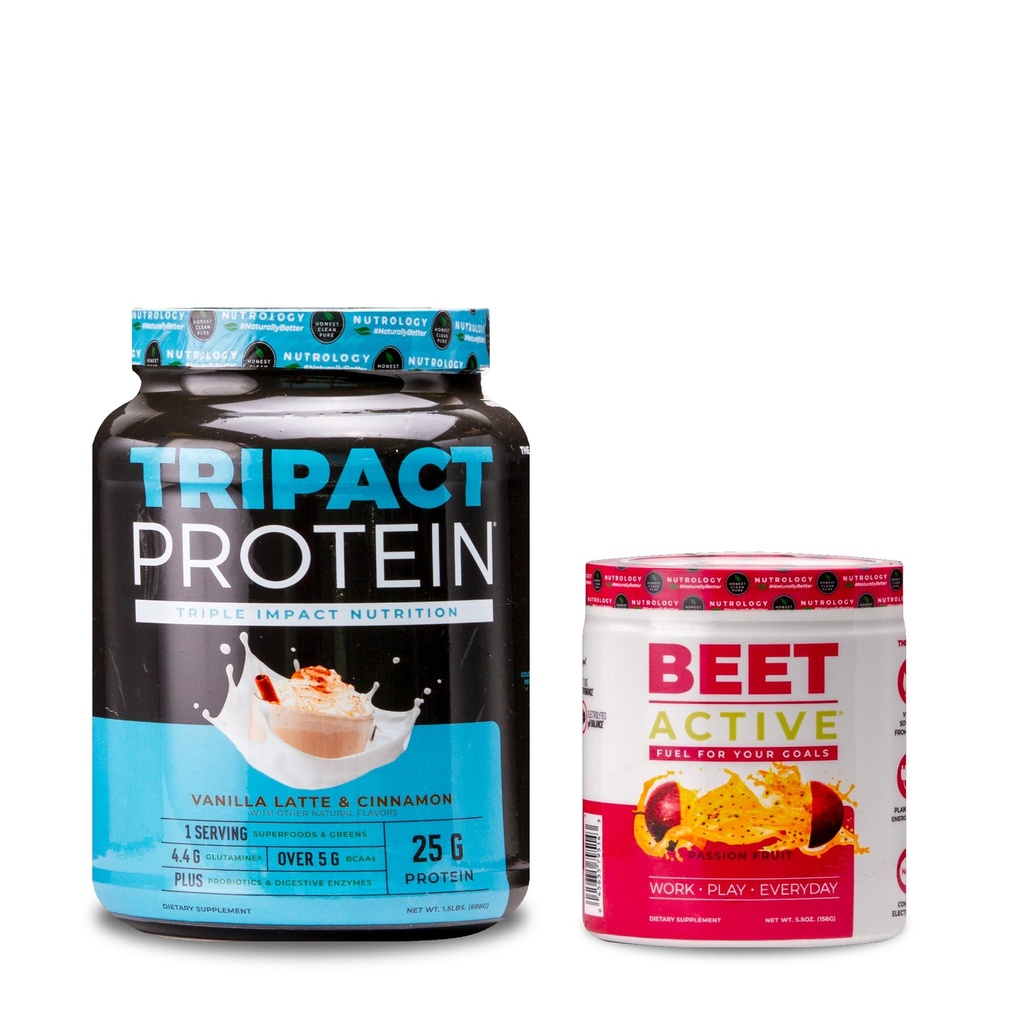 TRIPACT Protein Powder, 7-in-1 Meal Replacement Shake, Vanilla Latte Cinnamon Flavor (20 Servings) Beet Active, Natural Pre-Workout Powder, Passion Fruit Flavor (30 Servings)