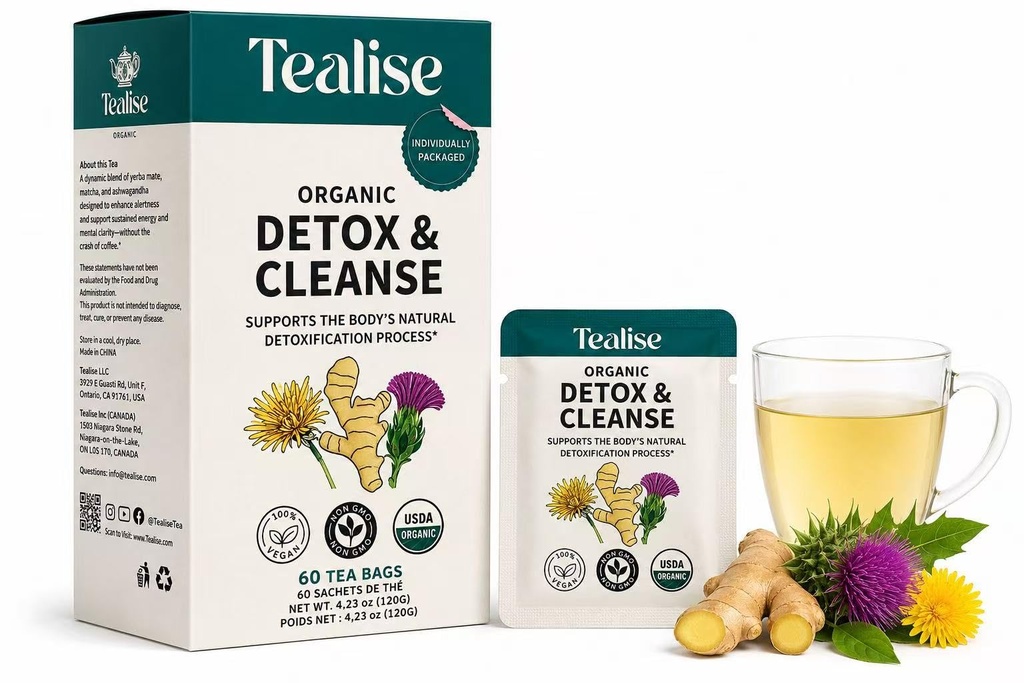 Tealise Organic Detox & Cleanse Tea – Milk Thistle Tea, Dandelion Root Tea & Ginger Root – Caffeine Free Herbal Tea 60 Individually Wrapped Tea Bags | Dandelion Root, Milk Thistle, Ginger Root