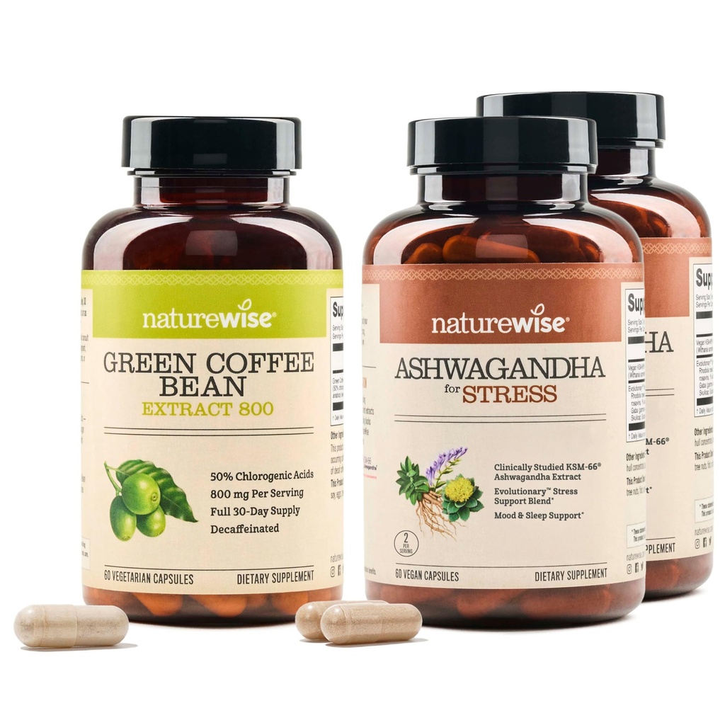 NatureWise [1] Green Coffee Bean Extract - Vegan, Non-GMO - 60 Capsules[30-Day Supply] + (Pack of 2) Ashwagandha for Stress + GABA & L-Theanine - 60 Capsules[30-Day Supply]