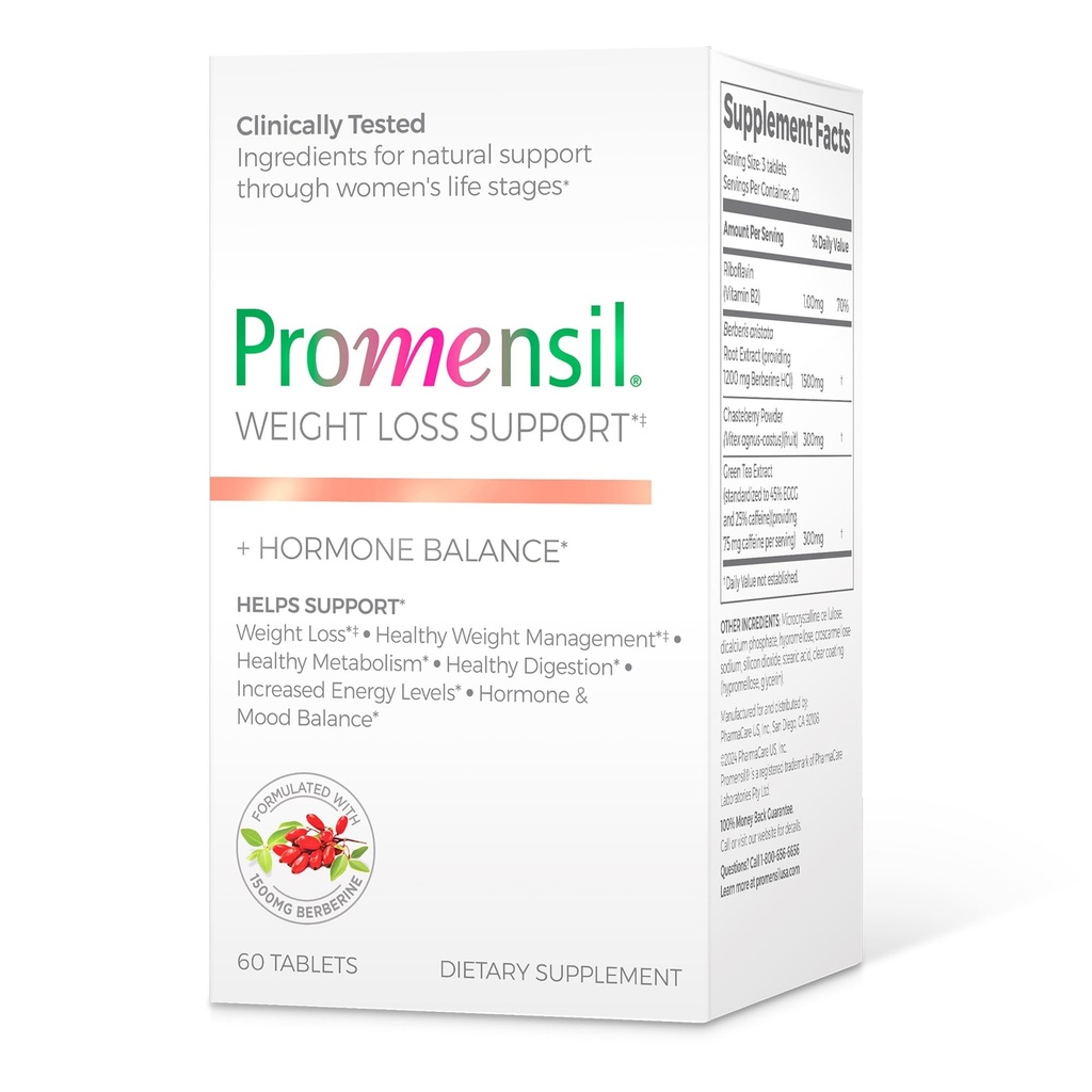 Promensil Weight Loss Support, Berberine HCL Supplement 1500mg - 60 Tablets | Healthy Weight Management for Women, Metabolic Health with ECGC Green Tea Extract, 1500mg Berberine per Serving