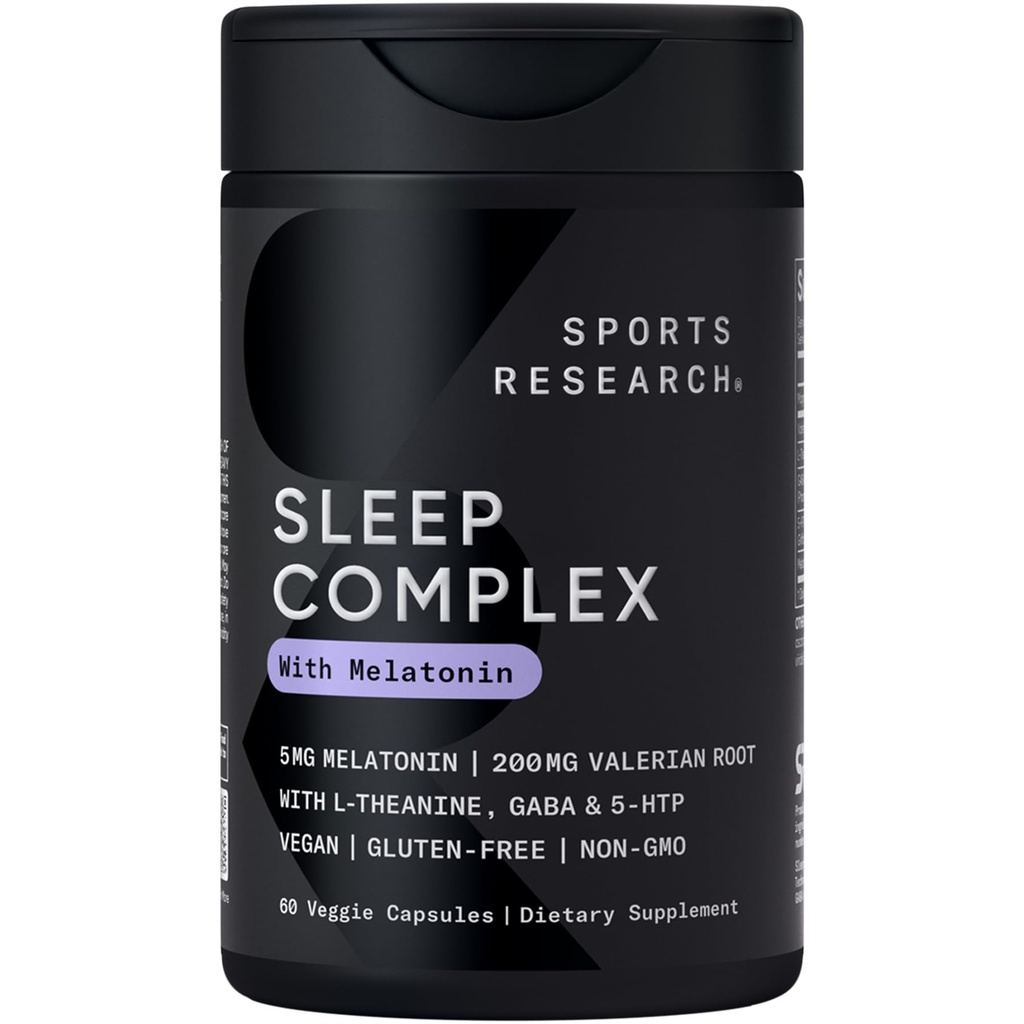Sports Research® Sleep Complex w/Melatonin 5mg, 60 Count | Made w/ Melatonin, L-Theanine 200mg, Valerian Root & Magnesium | Supports Restorative Sleep & Relaxation | Vegan, Non-GMO