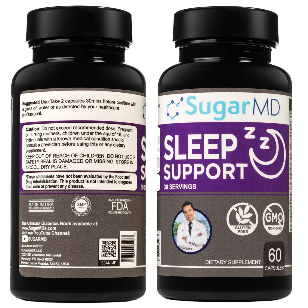 SugarMD Sleep Support Supplement – 60 Sleep Capsules with Lemon Balm, Valerian Root, Hops Extract, Chamomile Extract & BioPerine – Non-GMO & Gluten Free – Sleep Supplememts for Adults (30-Day Supply)
