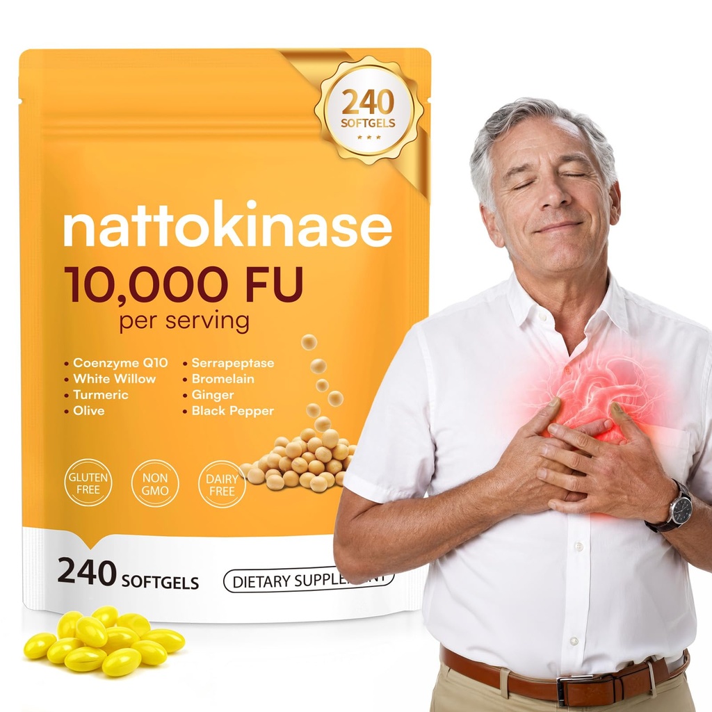 Nattokinase 10,000 FU Per Serving – with CoQ10, Serrapeptase, Bromelain | Turmeric, Ginger, White Willow & Olive Leaf – Enteric Coated Softgels for Circulatory & Cardiovascular Health – 240 Softgels