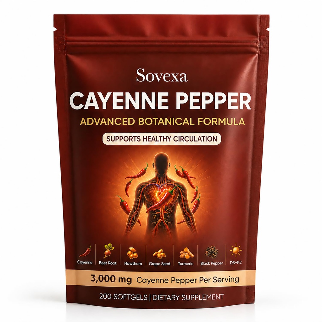 Sovexa Cayenne Pepper, Capsaicina Activa Circulation Support Formula for Energy & Cardiovascular Wellness, with D3K2, Grape Seed, Hawthorn, 300 Softgels