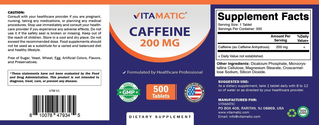Vitamatic Caffeine Pills 200 mg per Serving, 500Vegetarian Tablets | Support Energy Support & Endurance Performance*, Non GMO, Gluten Free, Made in USA