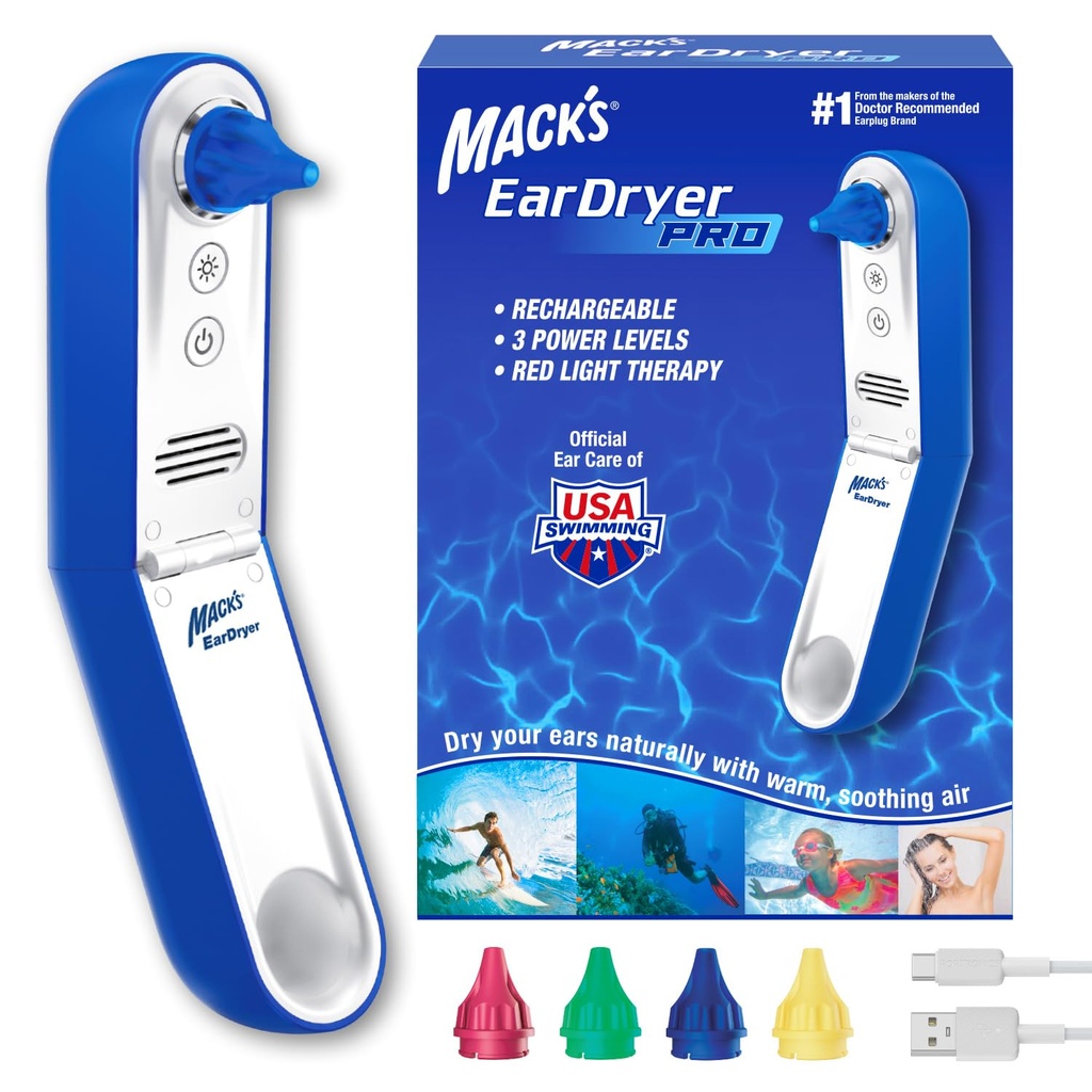 Mack's Ear Dryer PRO Rechargeable Warm Air Ear Water Drying Aid with Red Light Therapy and 3 Power Levels for Swimmers' Ears, Showering, Water Sports, Surfing, Scuba, and Hearing Aids