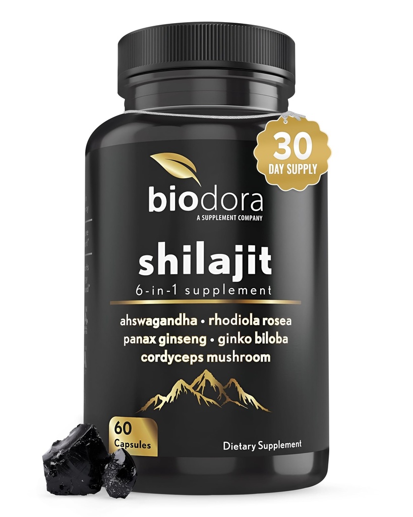6-in-1 Shilajit Supplement 300mg, Mood en energie Ondersteuning Supplement met 60mg Pure Ashwagandha, Rhodiola Rosea Panax Ginseng voor Immune Ondersteuning, Geheugen en Focus, 85+ Trace Minerals, 60 Capsules