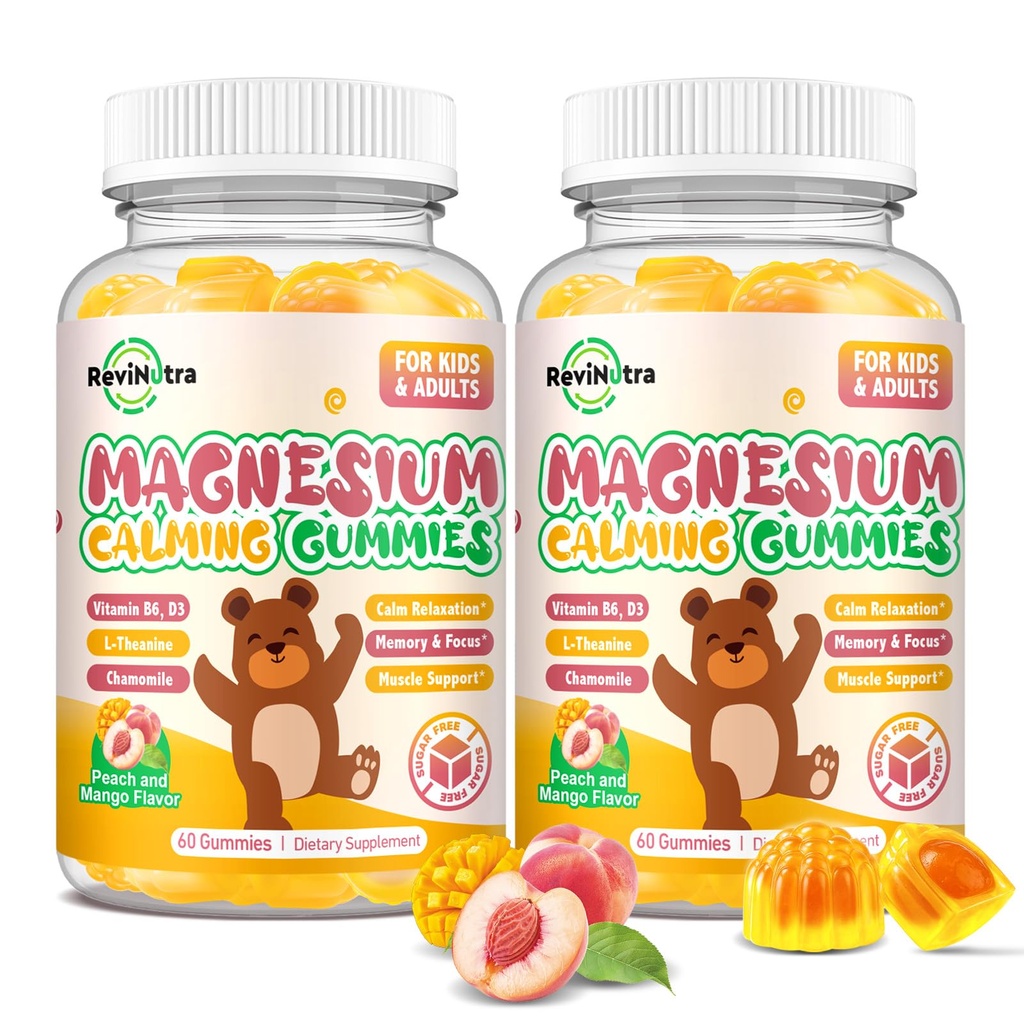 Magnesium Gummies for Kids - Magnesium Glycinate Gummies with L-Theanine, Vitamin B6, D3 for Kids & Adults Sleep, Calm, Relaxation, Stress, Brain, Bones, Muscle Relief, Sugar Free Peach & Mango 120ct