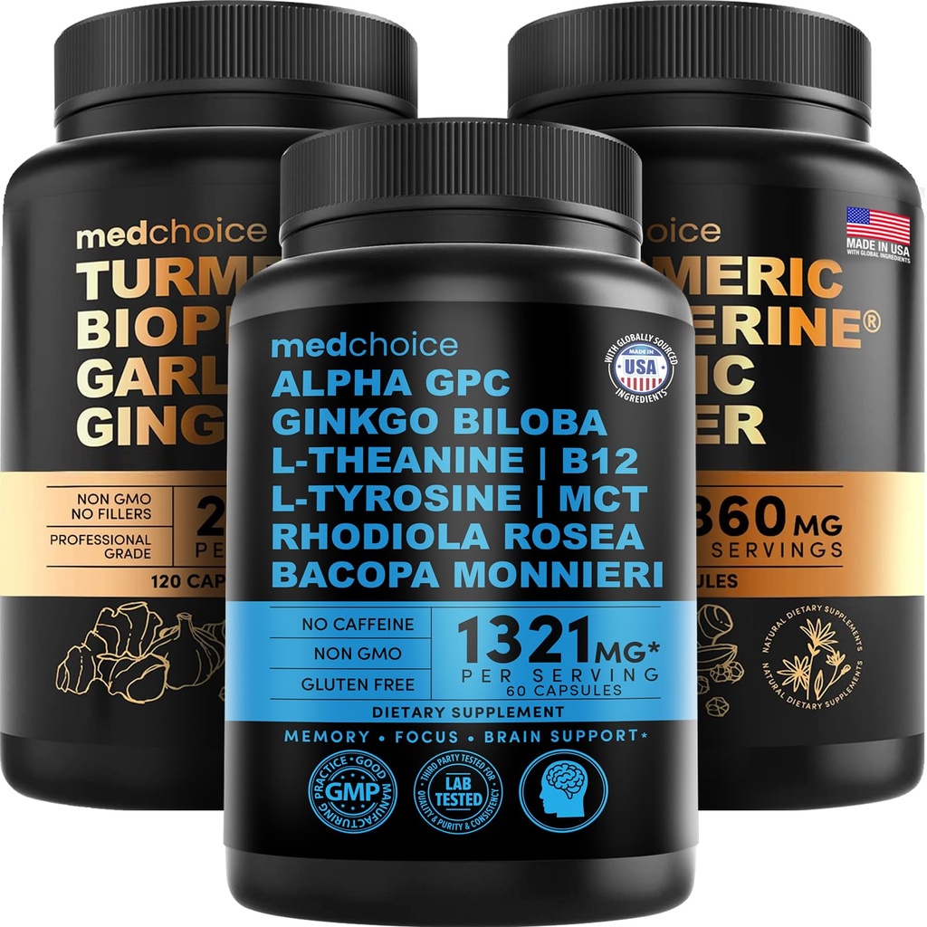 MEDCHOICE Turmeric & Ginger (240ct) and Nootropic Brain (60ct) Supplement Bundle - Wellness Duo for Joint, Digestion, Brain, & Mood Support - Vegan, Non-GMO, Gluten-Free