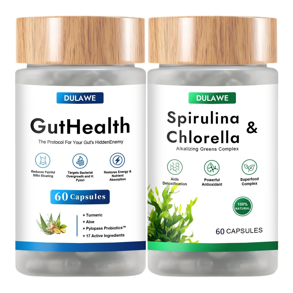 Gut Health & Spirulina Chlorella Bundle – Probiotics, Digestive Enzymes & Greens – Supports Digestion, Energy, Immune Health – Non-GMO(1 Set)