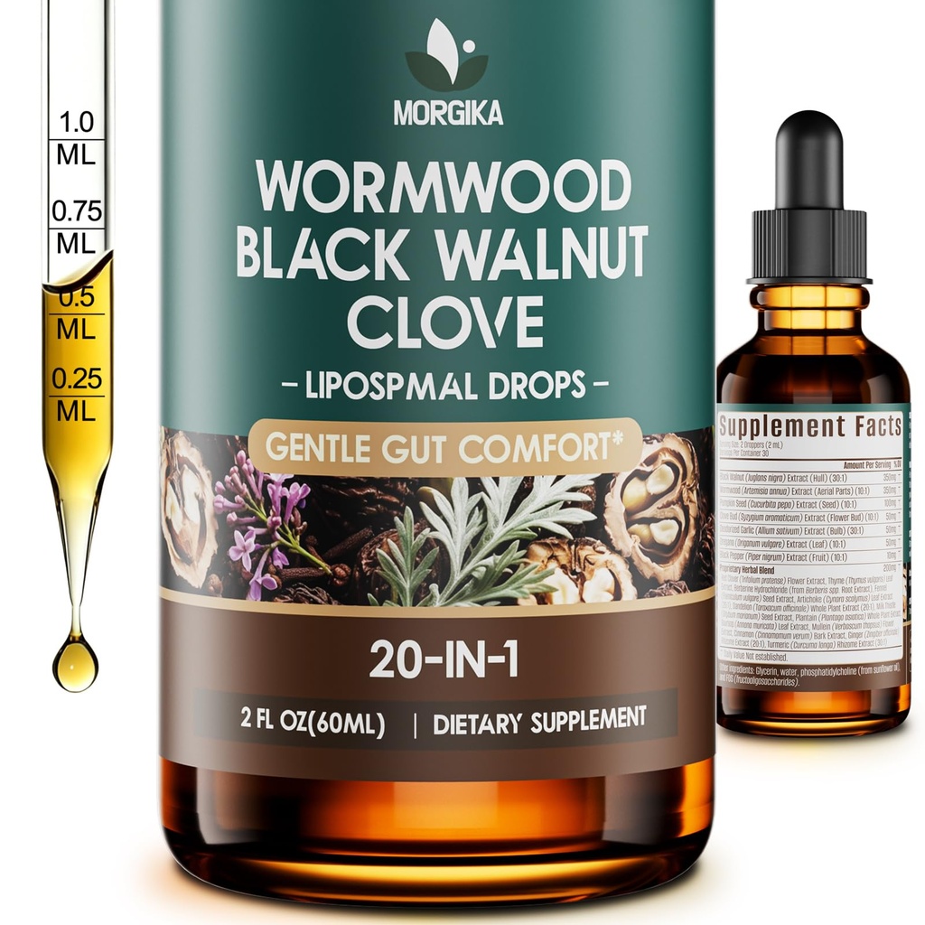 20-in-1 Wormwood Black Walnut Clove Cleanse for Humans Drops – Gut Cleanse & Detox, Digestive Health - 99% Absorption, Premium Herbal Supplement, with Pumpkin Seed, Garlic & Oregano, Vegan, 1 Pack