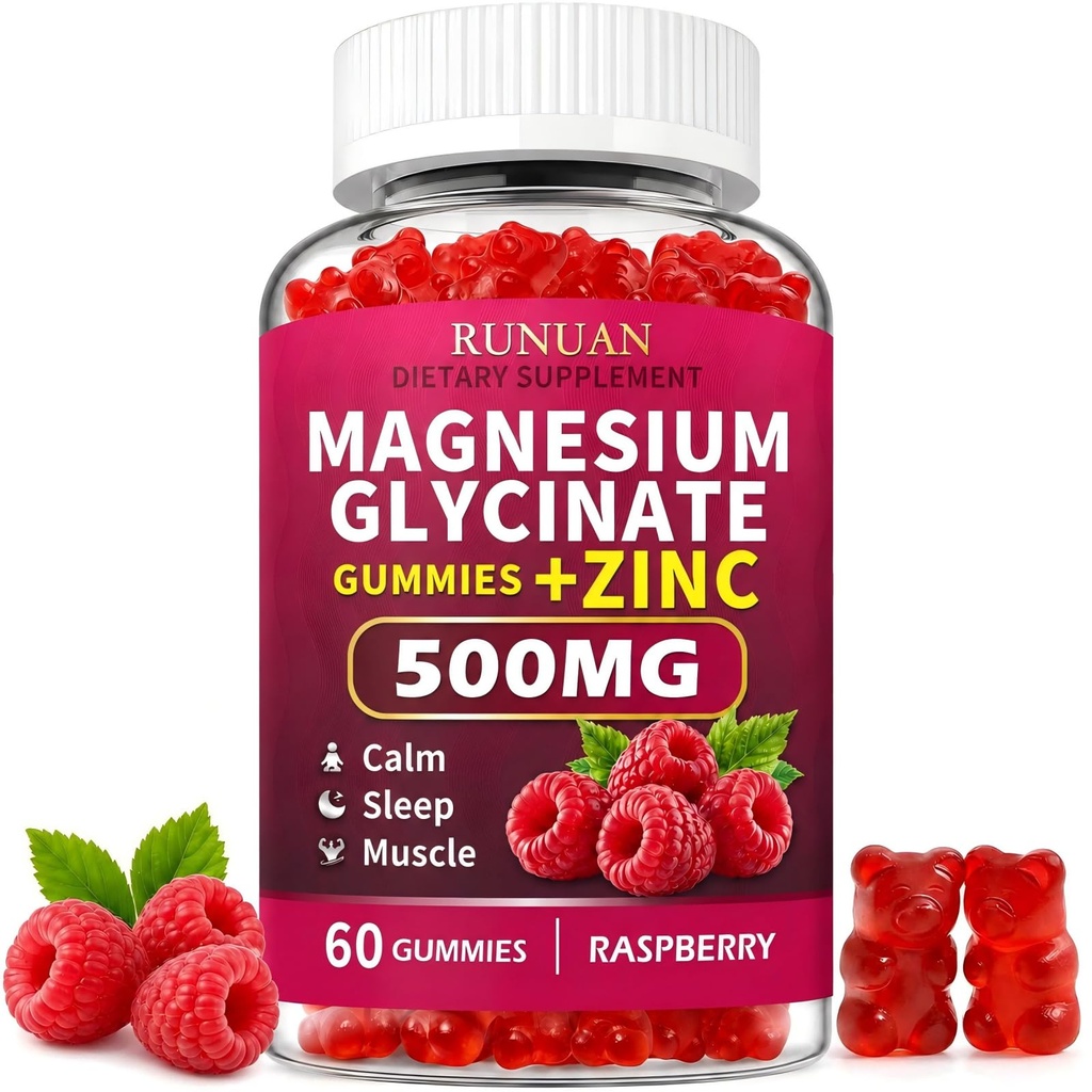 Magnesium Glycinate Gummies 500mg, Sugar Free for Women Men Kids Adults | Magnesium Zinc Supplement Gummies for Body Support, Stress Nerve Muscle Relief Relaxation and Zzz, Vegen, Raspberry, 60 Cts