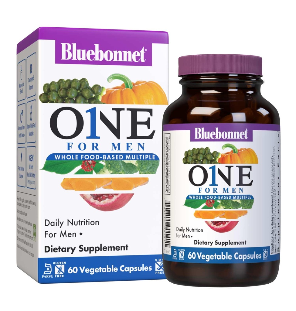 Bluebonnet Voeding Mannen Één plantaardige capsule, Gehele voeding Meerdere, K2, Biologische, Energie, Vitaliteit, Niet-GMO, Gluten, Soja & Melkvrij, Kosjer, 3 maanden Levering, 90 Tel.
