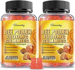 Bee Pollen 1000MG Gummies with 500MG Royal Jelly & Bee Propolis, Sugar Free Bee Pollen Supplement Rijk aan vitamine C & E, Vegetarisch, Non-GMO, Glutenvrij, Immunity & Skin Health (120 Count)