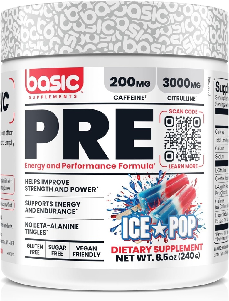 Basic Pre-Workout with 200mg Caffeine and 3000mg Citrulline for Energy, Focus, and Strength Support, No Beta-Alanine Tingles, Vegan, Gluten-Free, Sugar-Free
