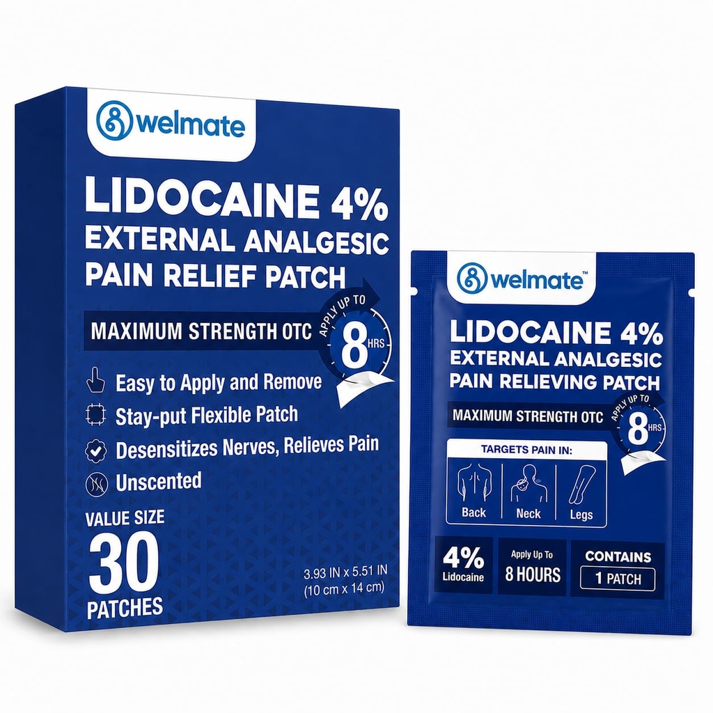 WELMATE - 4% Lidocaïne Numbing Patch - Maximale sterkte - Tijdelijke verlichting van pijn, rug, nek, schouders, knieën, ellebogen, lichte huidirritaties - Topical Analgetic Unscented - 30 ct
