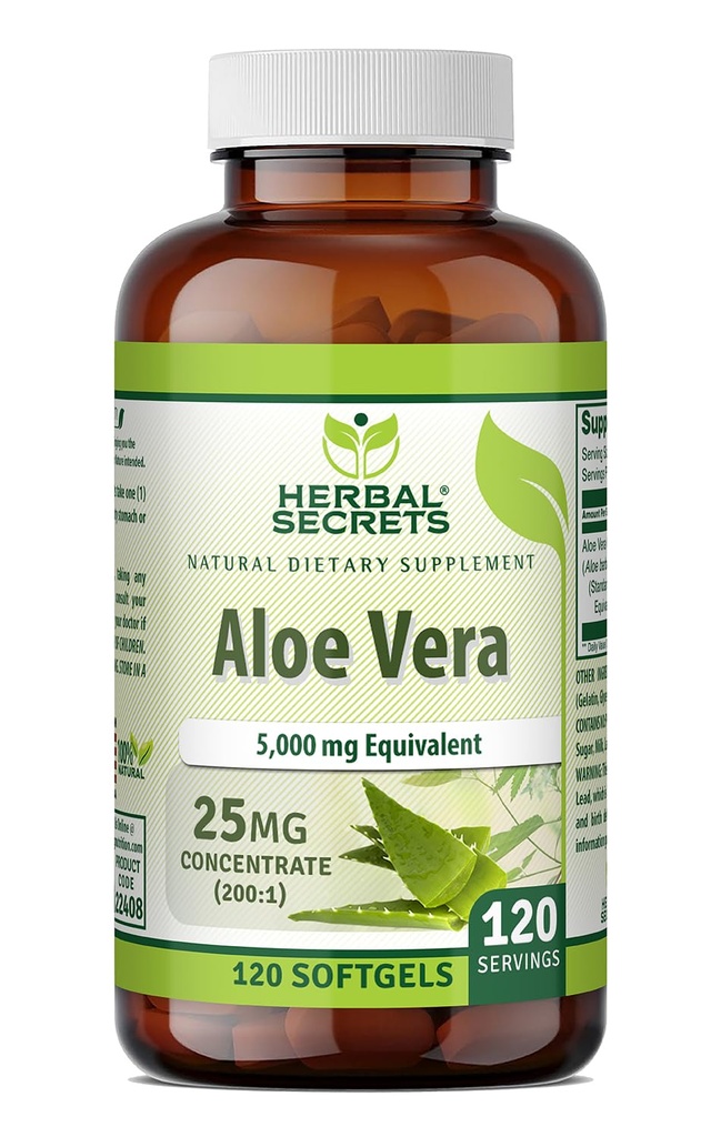 Herbal Secrets Aloe Vera 25 Mg | Standardized 200:1 Concentrate | 120 Softgels | 5000 Mg Equivalent | Non-GMO | Gluten-Free | Made in the USA