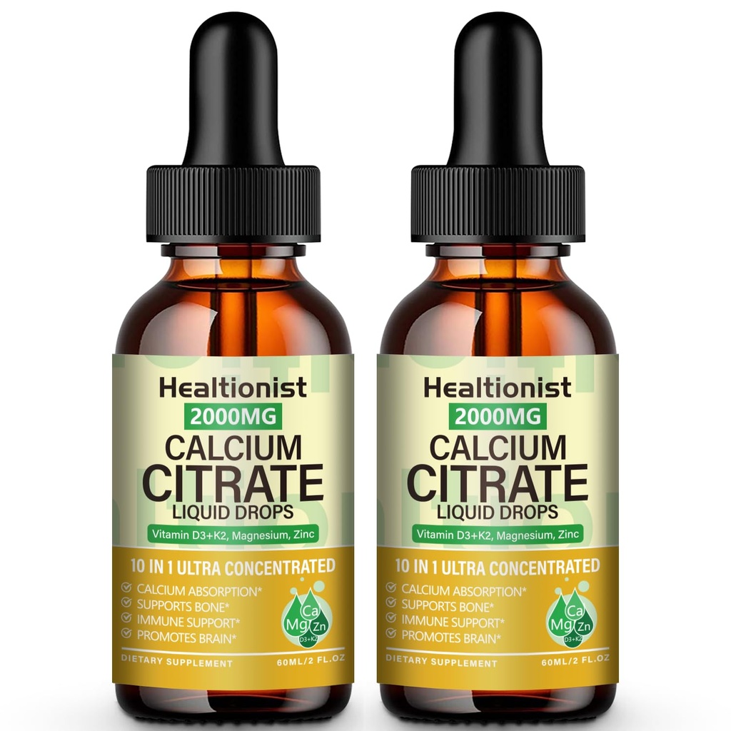 2 Packs 2000mg Calcium Citrate with Vitamin D3 K2 Supplements Liquid Drops for Women & Men, Magnesium, Zinc, High Absorption, Bone, Teeth, Muscle & Immune Support, 4 Fl oz