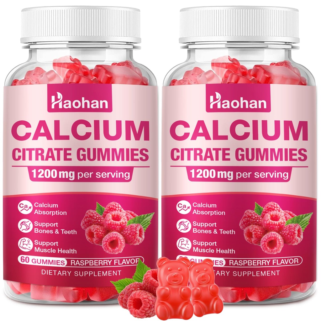 Calcium Citrate Gummies 1200mg - Sugar-Free Chewable Supplement for Women & Men with Bone, Muscle & Immune Support - Raspberry Flavor, 120 Count