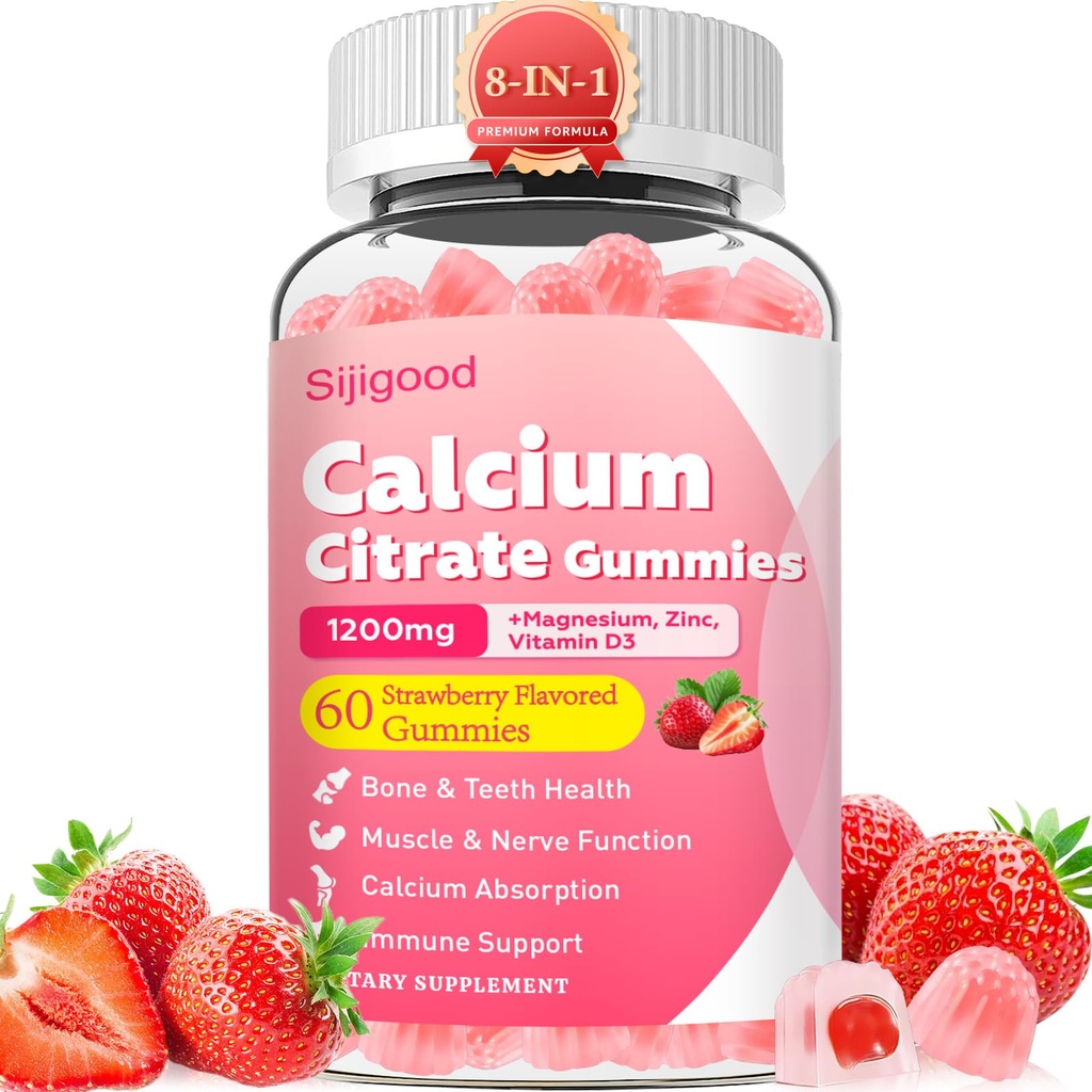 Sugar Free Calcium Citrate Gummies Calcium Supplements for Women & Men | High Absorption Calcium With Vitamin D3, Magnesium & Zinc For Muscle, Bone & Immune Support, Strawberry Flavor