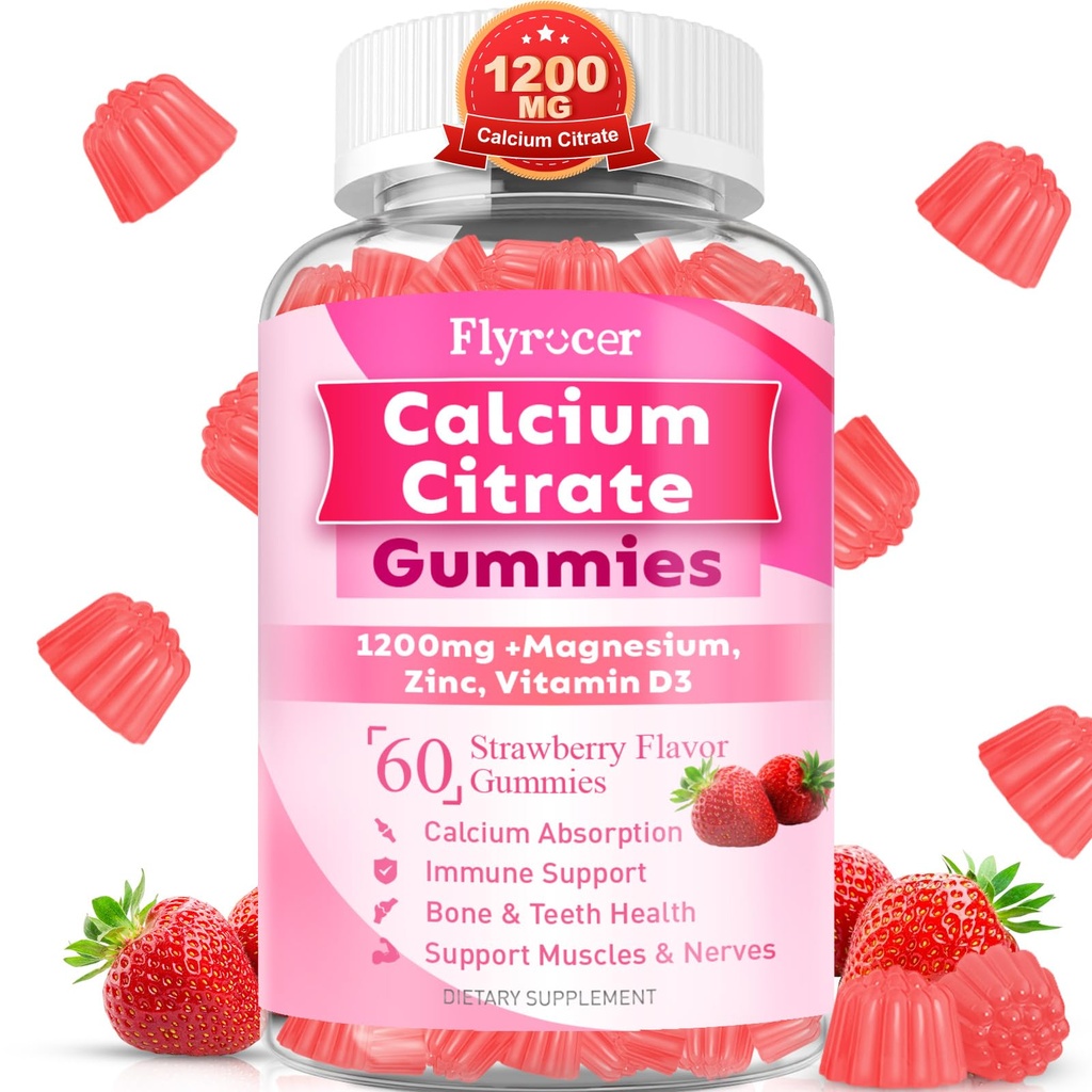Chewable Calcium Citrate Gummies Calcium Supplement for Women & Men | For Bone, Muscle, Teeth, Immune Support, High Absorption Calcium, Sugar Free, Strawberry Flavor, 60 Count