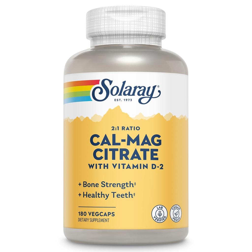 SOLARAY Calcium Magnesium Citrate 2 to 1 Ratio, 180 VegCaps | Bone, Muscle & Nerve Support, Calcium Citrate, Magnesium & Vitamin D2, 30 Servings, Vegan & Lab Verified
